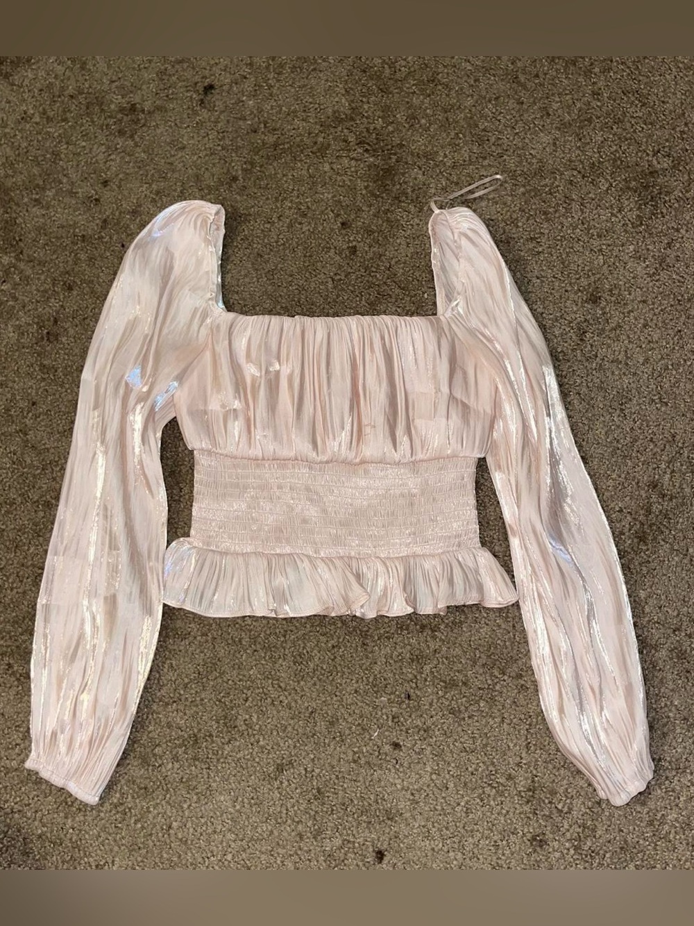 Smocked Peplum Long-Sleeve Blouse in Soft Pink